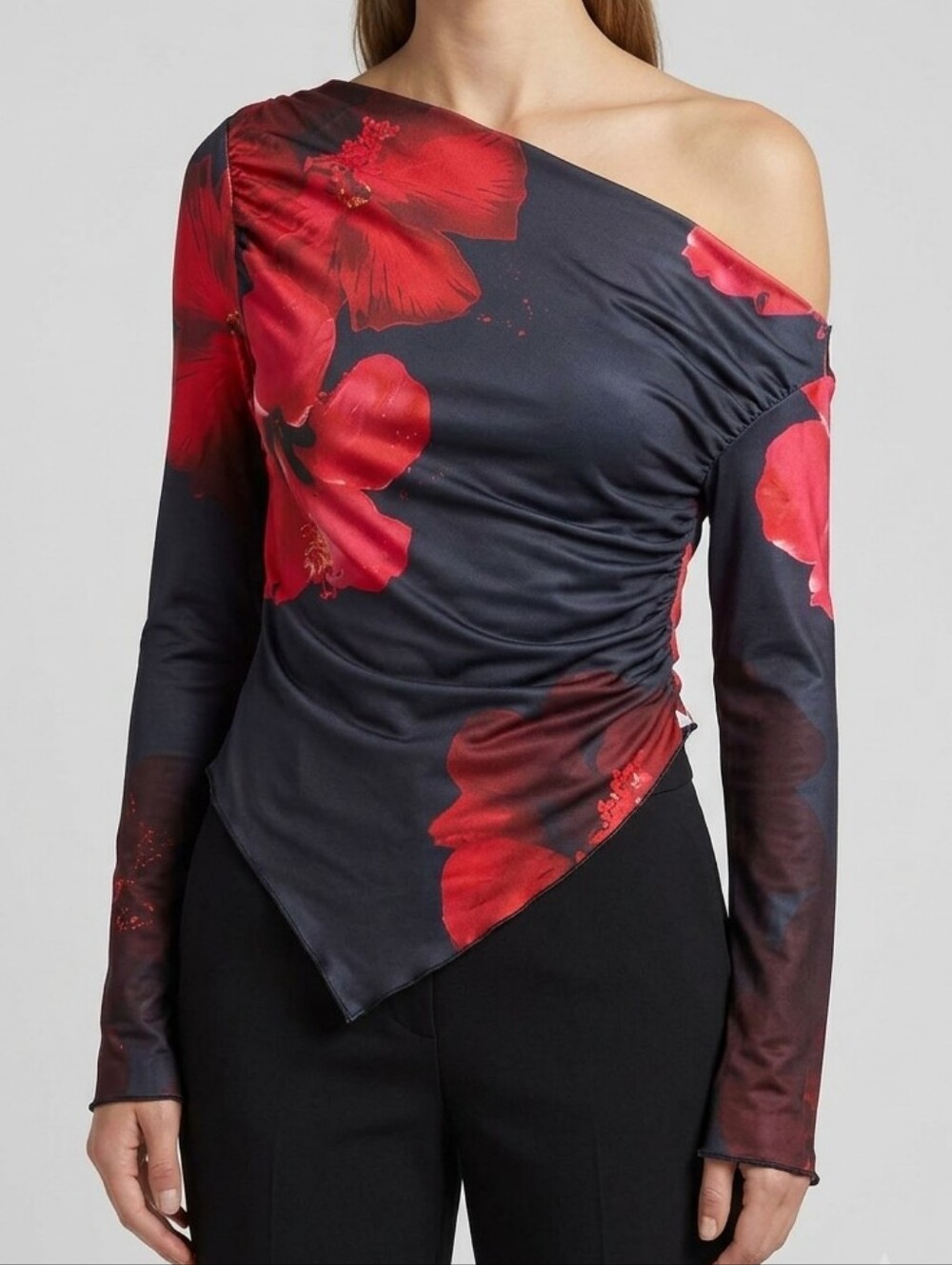 Red Floral One Shoulder Asymmetrical Handkerchief Top - Size Large - NWT